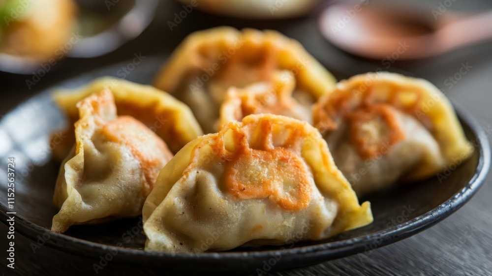 Golden brown deep-fried gyoza, crispy and delicious on a black plate Golden brown deep-fried gyoza, crispy and delicious on a black plate
