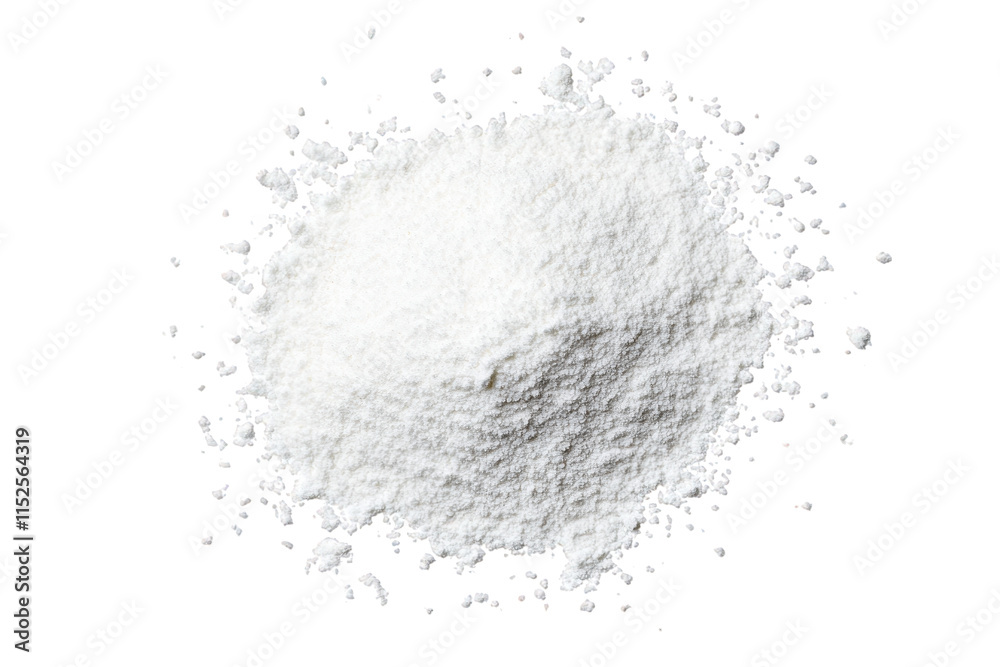 a pile of white powder isolated on a transparent background the powder is fine and textured. with a slight sheen it is spread out in a circle. with some particles scattered around the edges