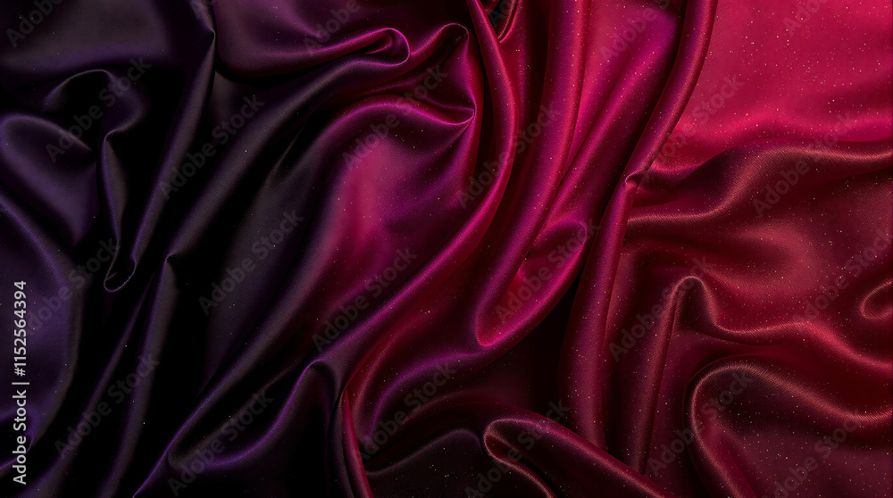 Fototapeta premium Luxurious satin fabric with a smooth, flowing texture and a color gradient transitioning from dark purple to vibrant pink. Ideal for fashion, design, or as an elegant backdrop.