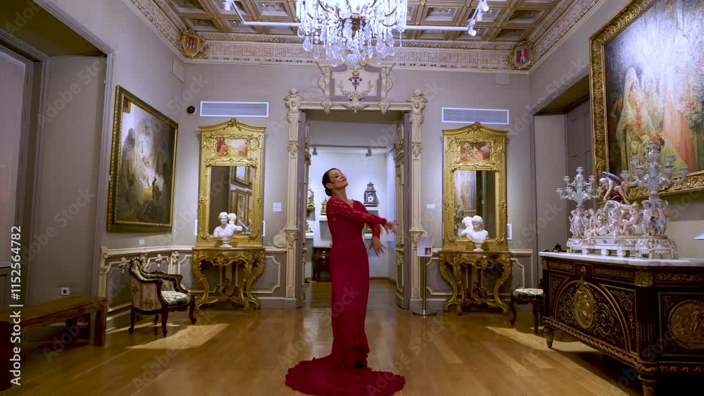 Mujer típica española bailando flamenco en un museo de Sevilla, Andalucía, España. Concepto de viaje cultural exótico.