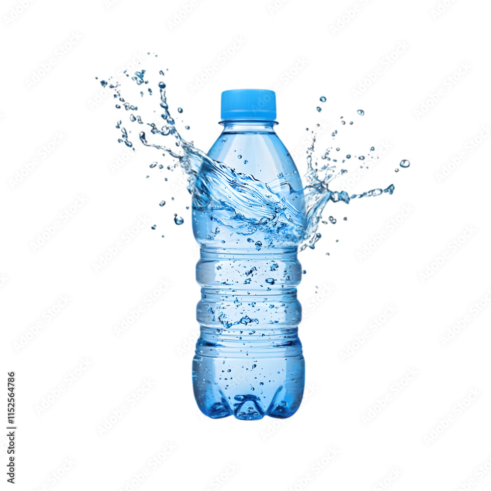 Clear plastic water bottle splashing water with blue cap against white background Clear plastic water bottle splashing water with blue cap against white background