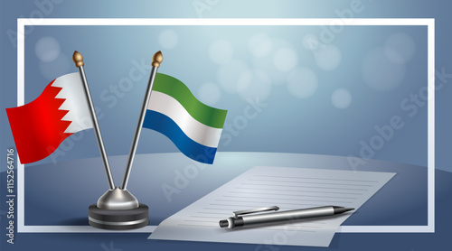 Bahrain and Sierra Leone National flags on small table with bokeh background, cooperative relationship