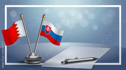 Bahrain and Slovakia National flags on small table with bokeh background, cooperative relationship