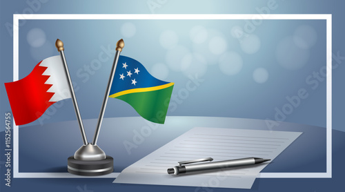 Bahrain and Solomon Islands National flags on small table with bokeh background, cooperative relationship