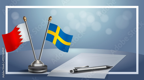 Bahrain and Sweden National flags on small table with bokeh background, cooperative relationship