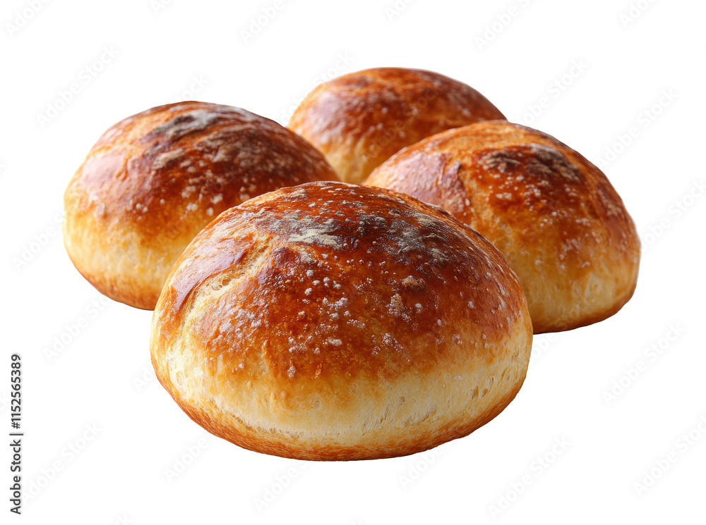 Four fresh bread rolls with golden brown crust, homemade baked buns, bakery product, isolated on transparent background, soft texture, artisanal bread, rustic style Four fresh bread rolls with golden brown crust, homemade baked buns, bakery product, isolated on transparent background, soft texture, artisanal bread, rustic style