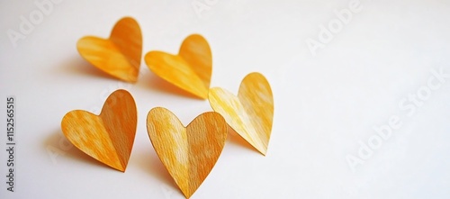 Five Golden Hearts Scattered on White Background Romantic Love Concept photo