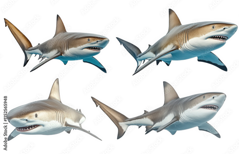 Obraz premium four 3d rendered sharks in different poses