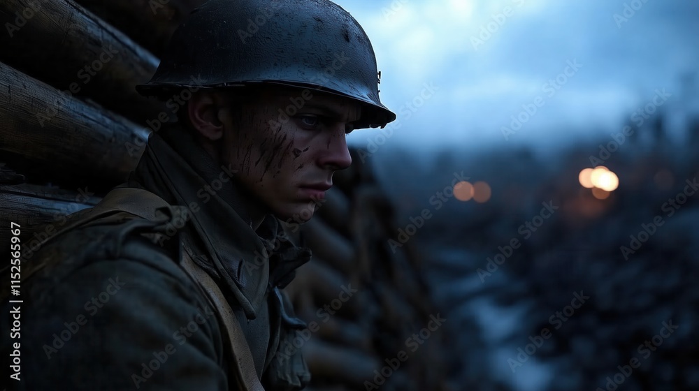 Fototapeta premium Portrait of a Soldier in a World War I Trench