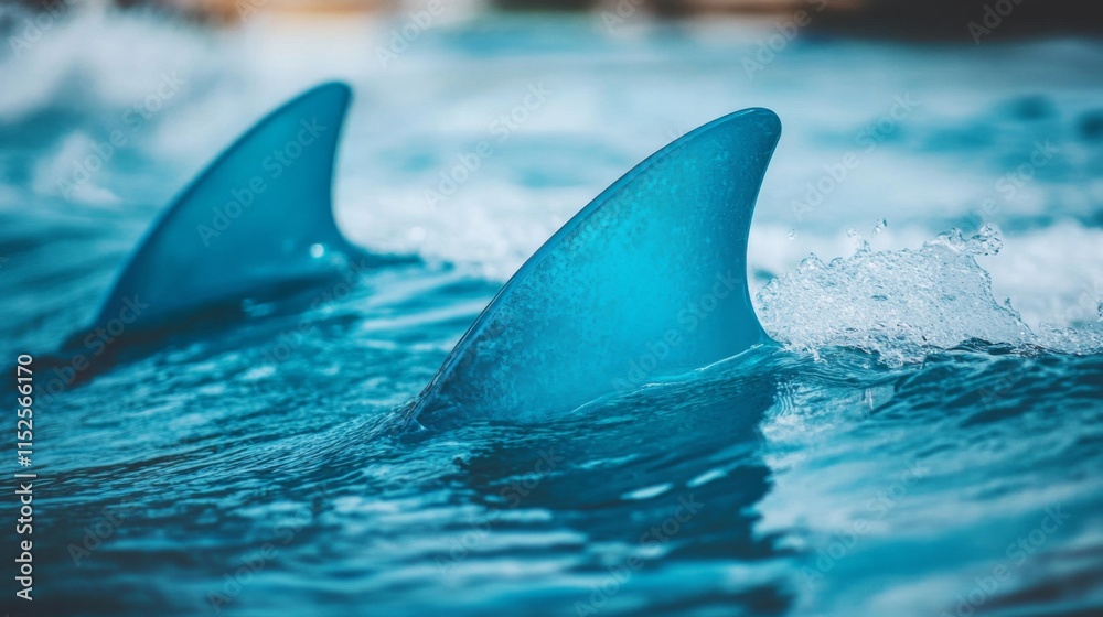 Fototapeta premium Two Shark Fins Emerge From Ocean Water