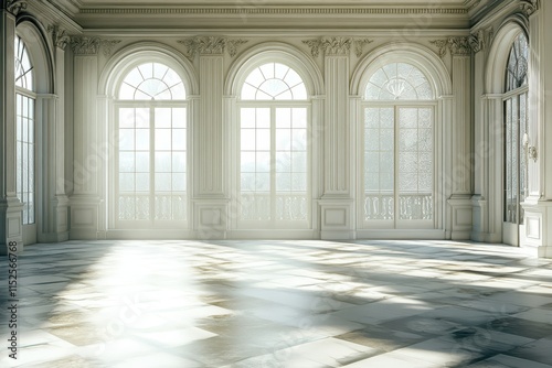 Sunlit grand room with arched windows and marble floor. photo