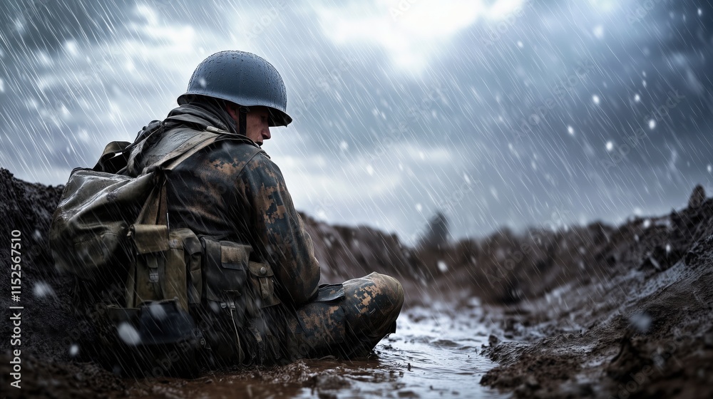 Soldier in a muddy trench under heavy rainfall during wartime Soldier in a muddy trench under heavy rainfall during wartime