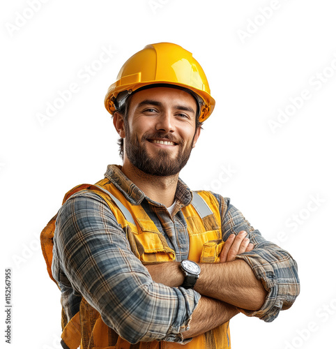 Happy young man in work attire with crossed arms and a smile on a construction site. Isolated on transparent background, png.