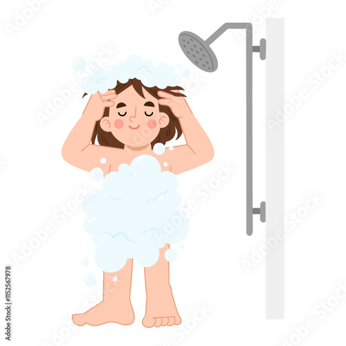 Illustration of girl enjoying shower with bubbles