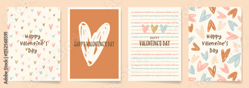 Set of Valentine's Day Greeting Cards with doodled hearts in dusty pastel colors. Also applicable to posters, web banners, social media backgrounds, flyers, and more.