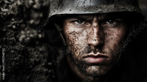 Close-up of a soldier's face covered in dirt and wearing a helmet during wartime photo