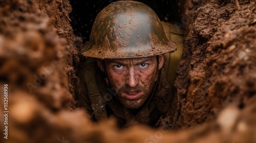 Determined soldier crawling in a muddy trench during combat