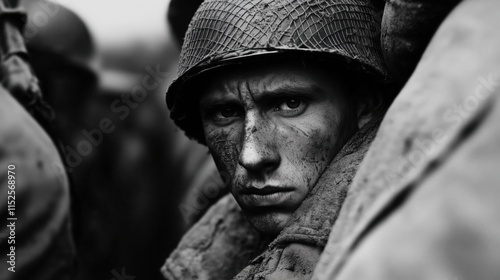 Black and white portrait of a soldier with a dirt-covered face during wartime photo