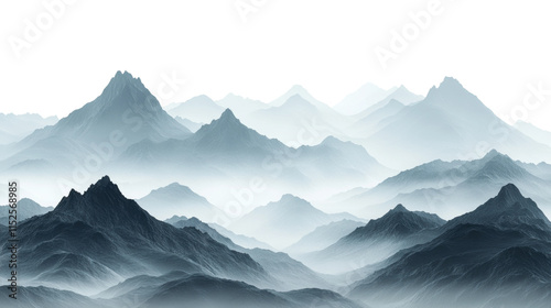 Mystical mountain range covered in fog, dramatic peaks and misty landscape with moody atmospheric design perfect for fantasy and nature themes isolated on transparent background