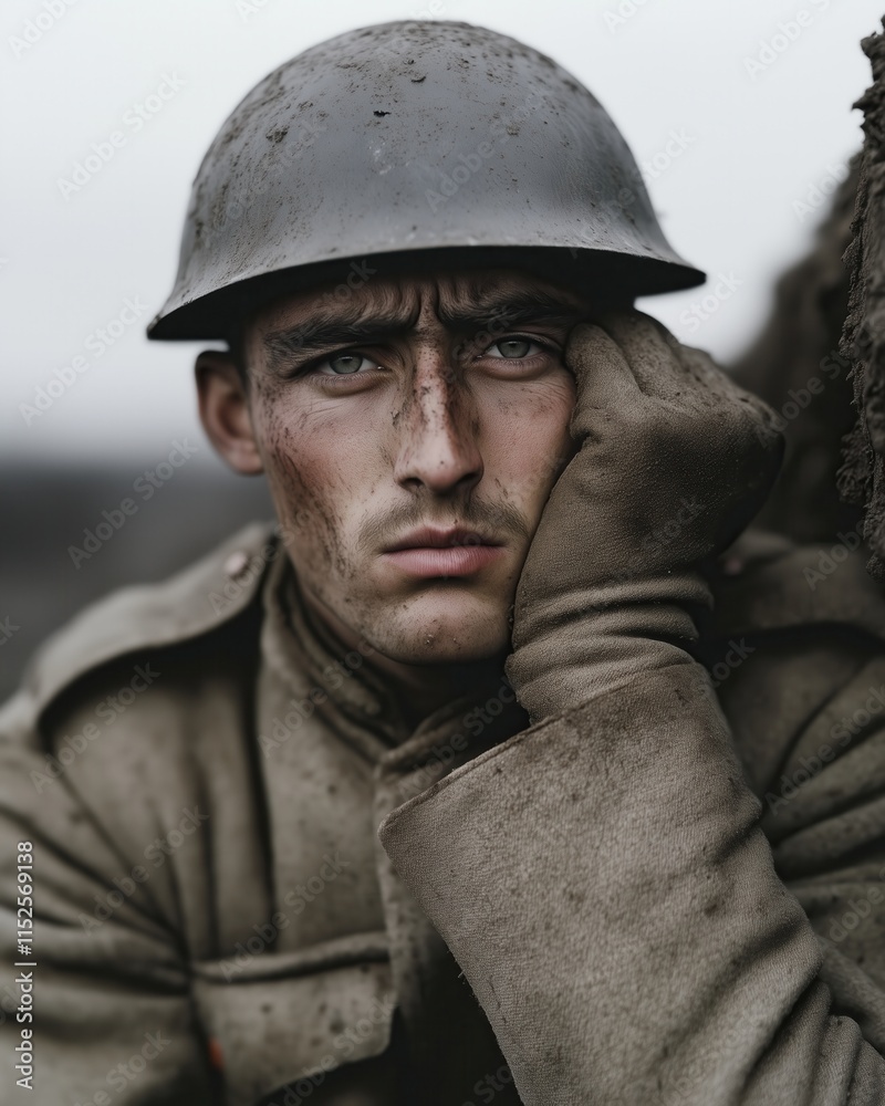 Close-up portrait of a young soldier leaning on his hand with a weary expression Close-up portrait of a young soldier leaning on his hand with a weary expression