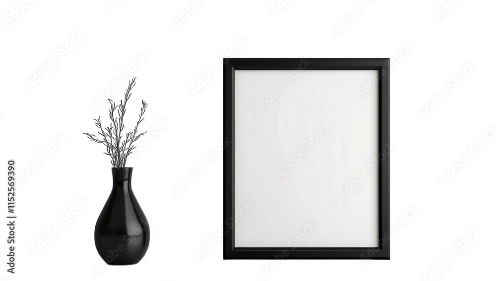 a black frame on a white wall with a black vase and dried branches in front of it a black frame on a white wall with a black vase and dried branches in front of it