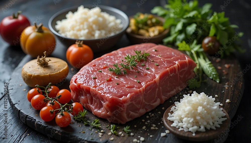Raw beef steak with vegetables and rice preparation Raw beef steak with vegetables and rice preparation
