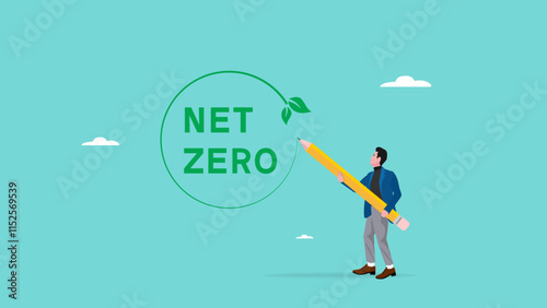 net zero icon, businessman using pencil drawing net zero icon with Net zero greenhouse gas emissions target, a good long-term strategy for the climate, Net zero and 2050 carbon neutral concept