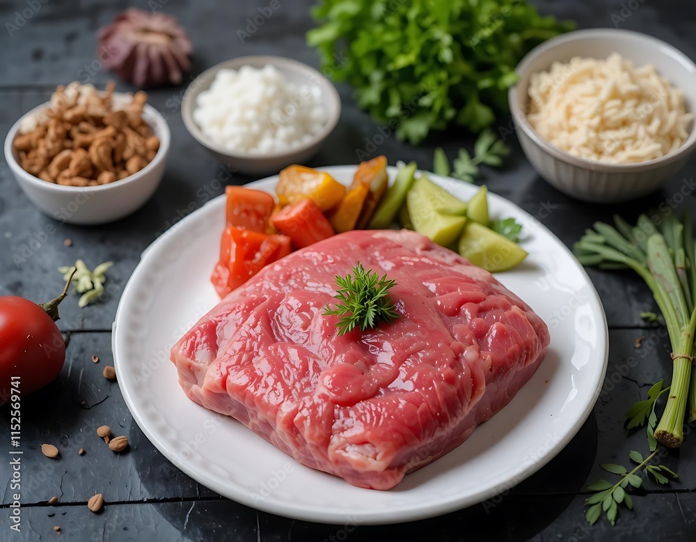 raw beef steak with vegetables raw beef steak with vegetables