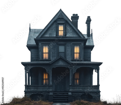 Dark haunted Victorian house with glowing windows, eerie old mansion for horror, Halloween, mystery, and spooky ghost stories isolated on transparent background
