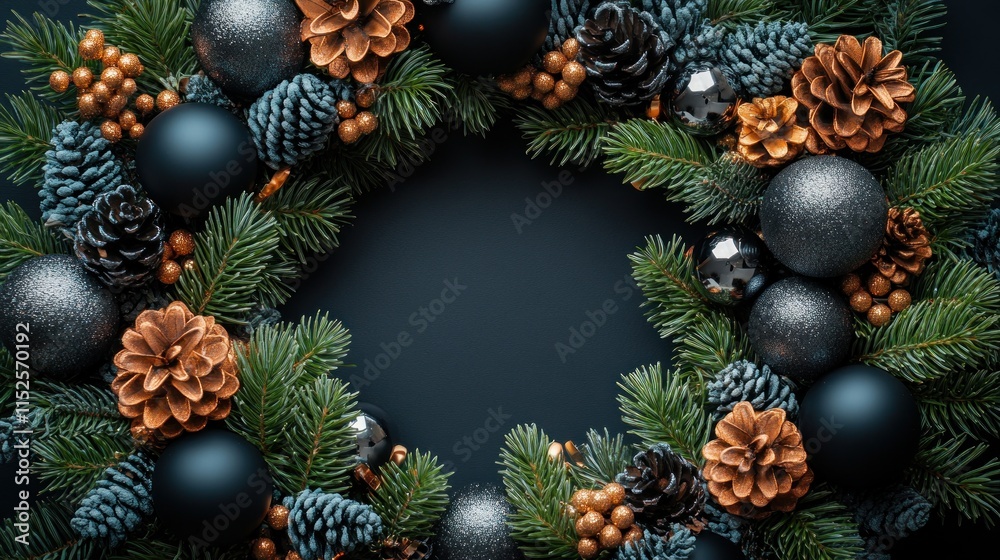 A festive wreath adorned with ornaments, pinecones, and greenery for holiday decor.