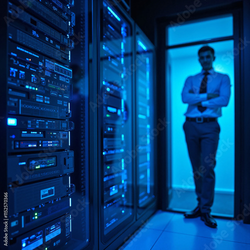データサーバーの部屋、働く人、サイバーセキュリティから守る、Protect against data server rooms, workers, and cyber security,