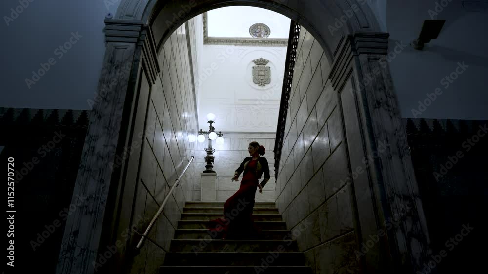 Mujer típica española bailando flamenco en un museo de Sevilla, Andalucía, España. Concepto de viaje cultural exótico.