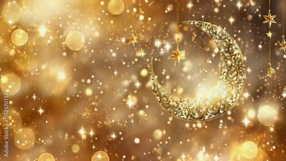 A shimmering golden crescent moon adorned with stars against a backdrop of sparkling bokeh. Ideal for Ramadan, Eid, or other celebrations.