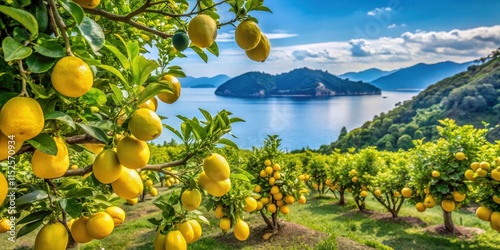 lemon grove in Seto Inland Sea coast of Ehime Prefecture Japan, lemons, lemongrass, seto inland sea