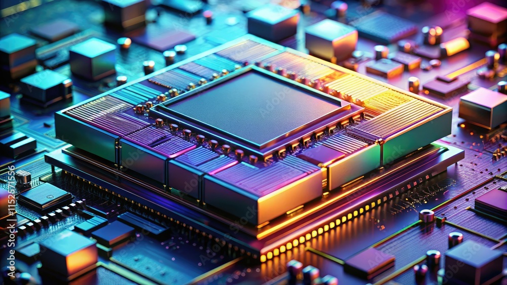 Fototapeta premium Sleek minimalist GPU, a compact circuit board processing unit, driving digital art with abstract technological precision.