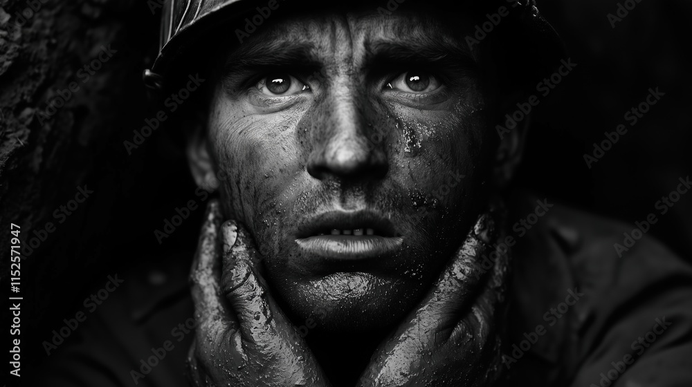 Close-up portrait of a distressed soldier covered in mud during wartime