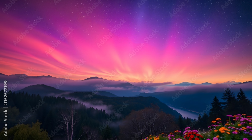 Fototapeta premium Spring Forest Mountain River in Nebula Starry Night
