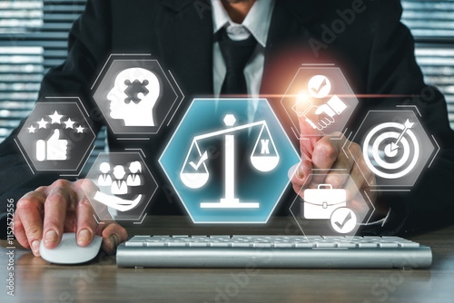 Visual representation of business ethics with symbols of justice, integrity, and responsibility in a corporate setting.