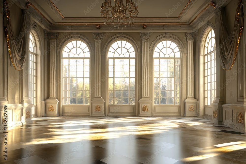 Sunlit grand hall with arched windows and ornate details. Sunlit grand hall with arched windows and ornate details.