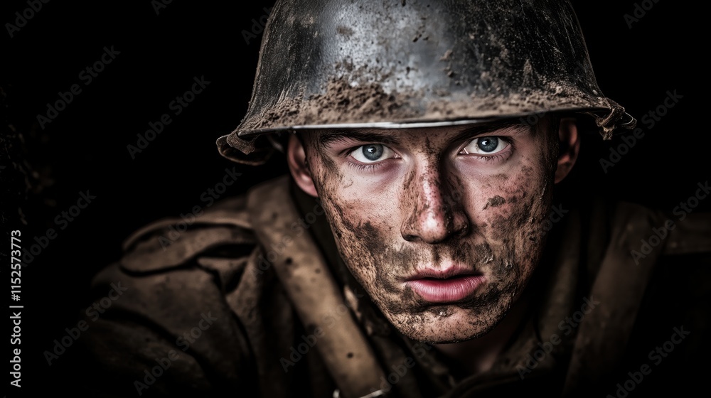 Close-up portrait of a determined soldier covered in mud during wartime Close-up portrait of a determined soldier covered in mud during wartime