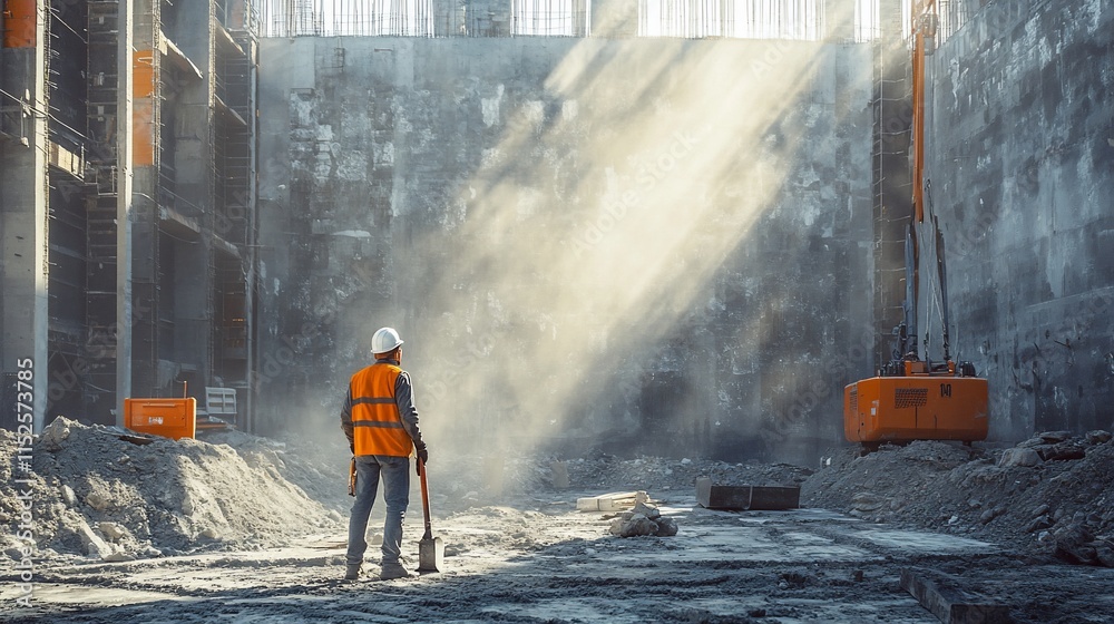Obraz premium Construction worker stands in a sunlit, dusty, interior construction site.