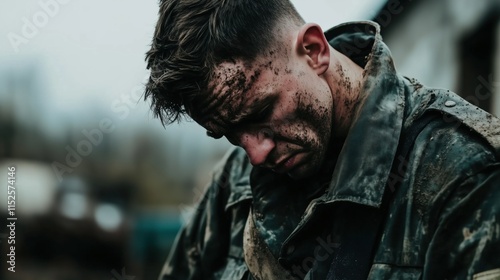 Color image of a tired young soldier looking down outdoors