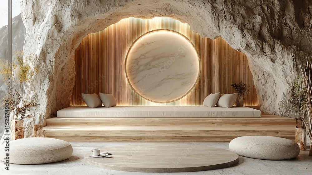 Serene cave spa with wooden platform, cushions, and marble circle. Serene cave spa with wooden platform, cushions, and marble circle.
