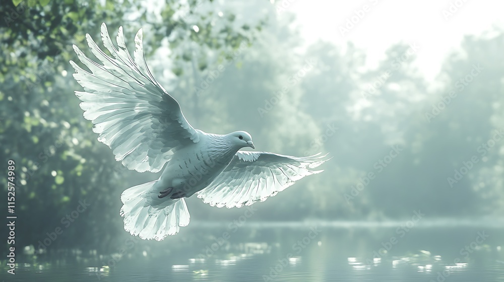 Obraz premium Graceful dove in flight over calm lake nature photography serenity
