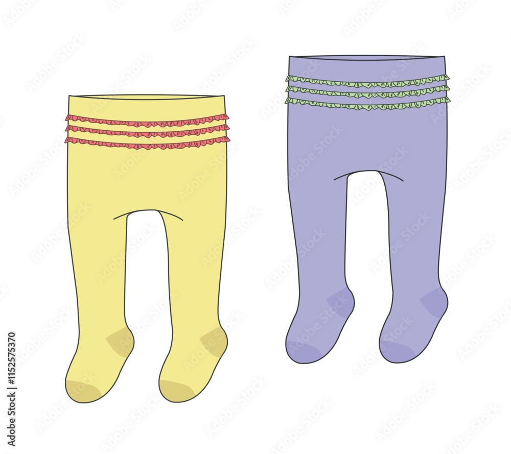 Baby ruffle tights technical flat drawing vector mockup template. Baby ruffle tights technical flat drawing vector mockup template.
