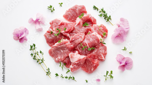 Succulent, fresh lamb cuts with a vibrant red tone, delicate herb garnish for accent, high-resolution details, bold and crisp textures against a pure white background, refined and clean aesthetic, ult