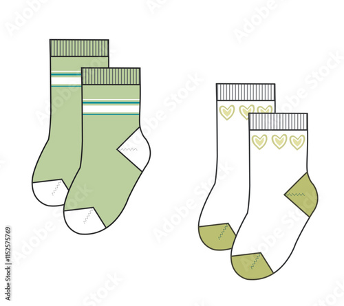 Kids ankle socks technical flat sketch vector mockup template.