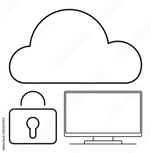 Cloud icon above computer monitor and padlock, highlighting data security and safeguarding information. Ideal for cybersecurity, cloud computing, data protection, digital privacy, IT solutions