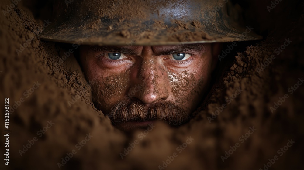 Close-up of a soldier with a muddy face and a helmet, staring intently from a trench Close-up of a soldier with a muddy face and a helmet, staring intently from a trench
