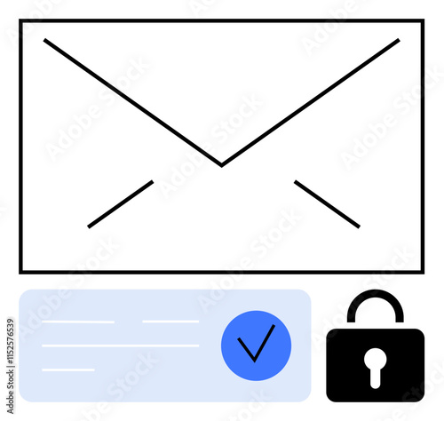 Envelope, verification checkmark, padlock icons. Ideal for email security, privacy protection, online authentication, spam filtering, secure messaging data encryption cybersecurity awareness. Line